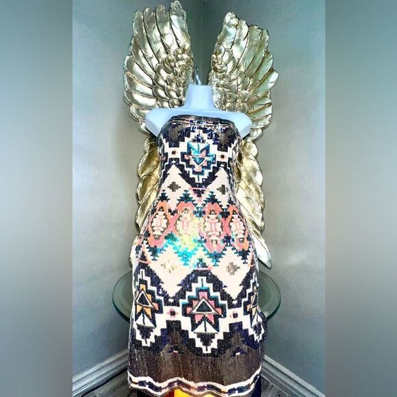 Stunning Aztec Color Blocks Sequins Mini Dress - Picture 1 of 12